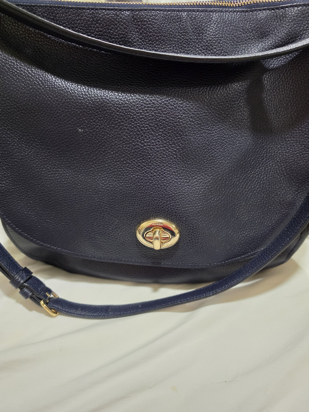 Coach Classic Navy Leather Shoulder Bag with Gold Turnlock